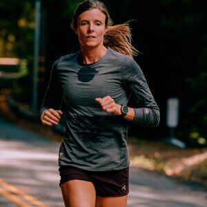 Tracksmith Women's Long Sleeve Performance Tee in Charcoal Gray